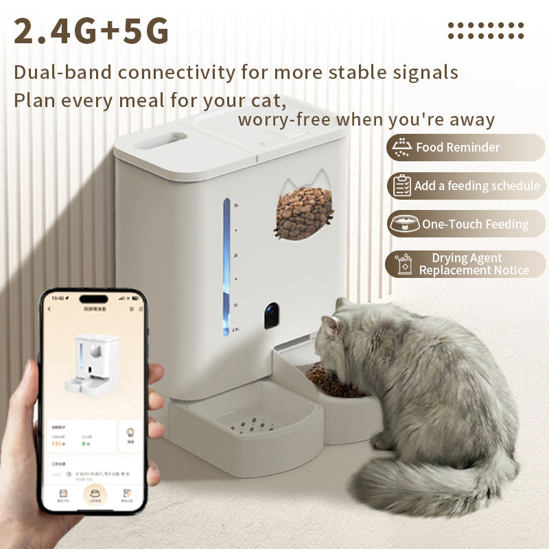 Automatic Cat Feeder with 2K HD Camera, 5G & 2.4G WiFi App Control, 5L Food & 4L Water Dispenser, Two-Way Audio, Dual Power Supply, for Cats and Dogs