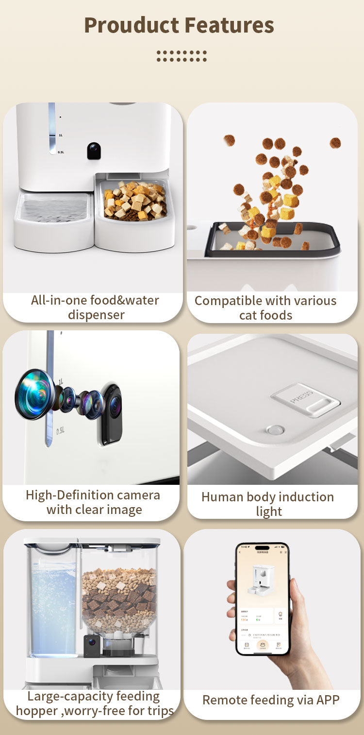 Automatic Cat Feeder with 2K HD Camera, 5G & 2.4G WiFi App Control, 5L Food & 4L Water Dispenser, Two-Way Audio, Dual Power Supply, for Cats and Dogs