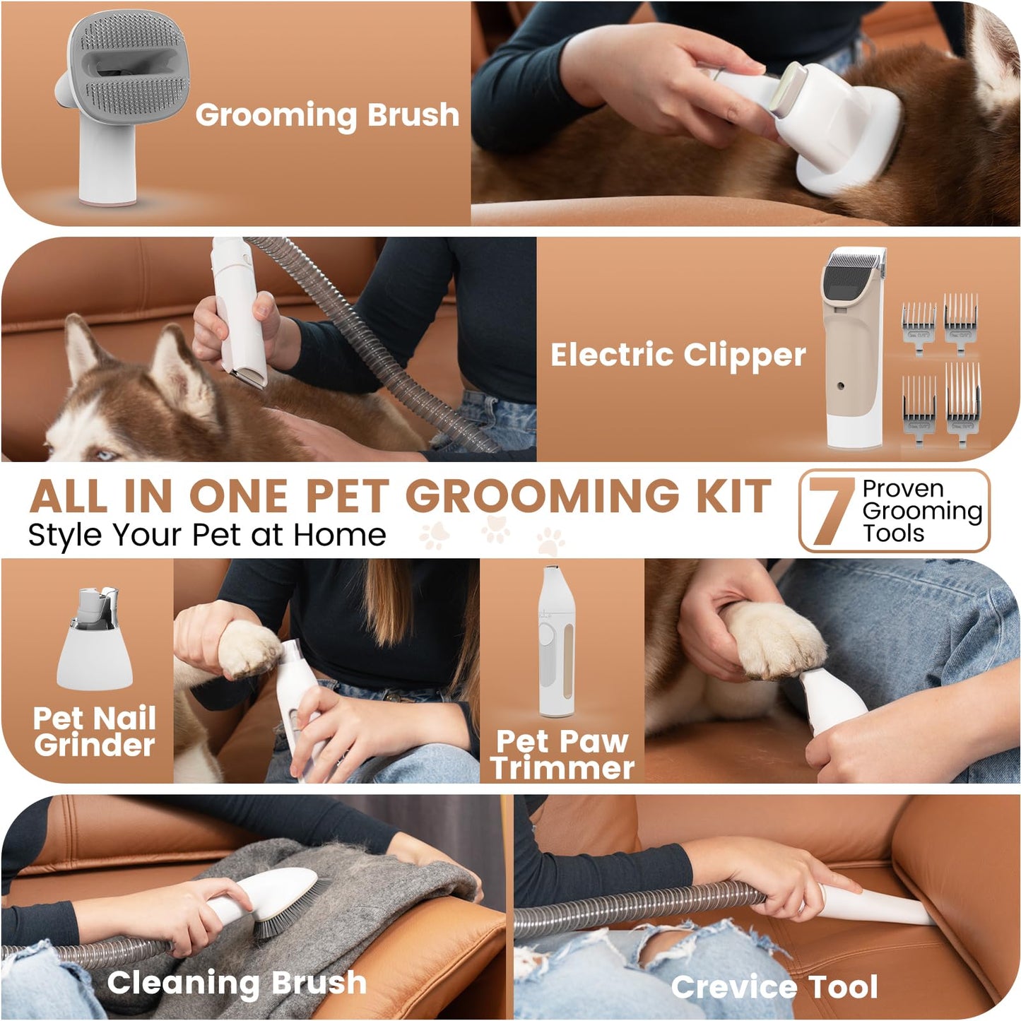 Dog Grooming Kit with Vacuum, Cat Clippers, Suction 99% Pet Hair, Professional Pet Grooming Kit with 7 Proven Tools for Shedding Grooming, Cat Dog Grooming Vacuum Kit